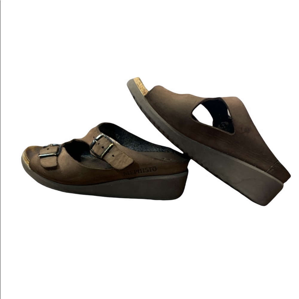 MEPHISTO Brown LEATHER DOUBLE STRAP SLIDE IN WEDGE SANDAL 36